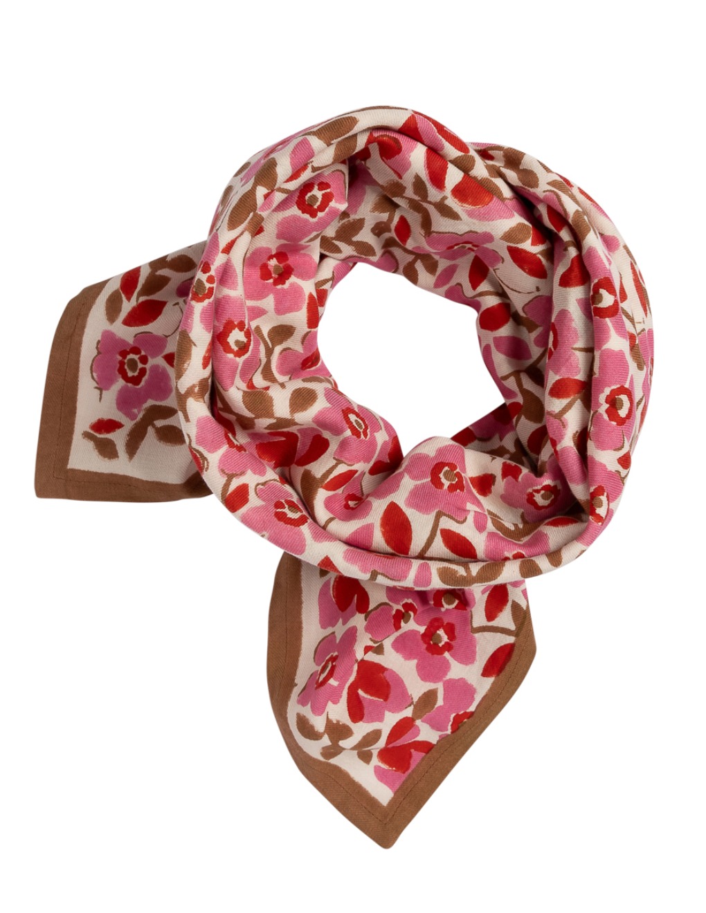 Foulard En Coton Kalamkari Commerce équitable - Fleurs Main Bloc - Crème - Inde