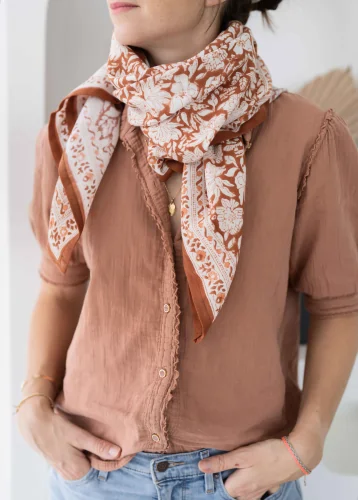 Foulard femme imprimé au Blockprint - Salvador Terracotta - Bindi Atelier