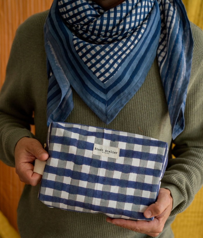 Foulard Carré En Voile De Coton NAGPUR - Impression Block Print Artisanale - 75x75 Cm - Bleu